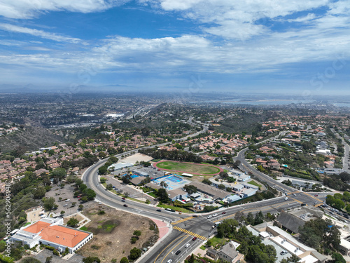Aerial view over La Jolla Hills with big villas and ocean in the background  San Diego  California  USA