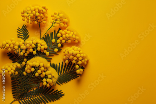 fresh flowers on yellow background, copy space, Generative AI © Tahsin