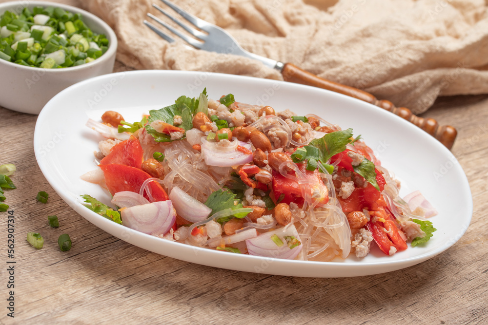 Vermicelli salad with minced pork, spicy food.Thai food Vermicelli salad with minced pork, spicy food.Thai food