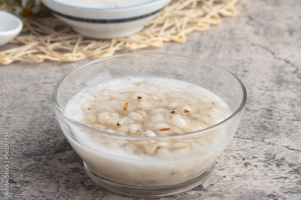 Job's tear in coconut milk in a glass cup Job's tear in coconut milk in a glass cup
