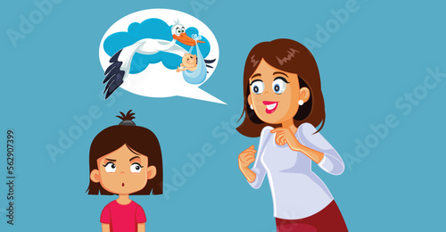 Mother Telling the Stock Baby Story to her Daughter. Mom lies to her child about where do babies come from
