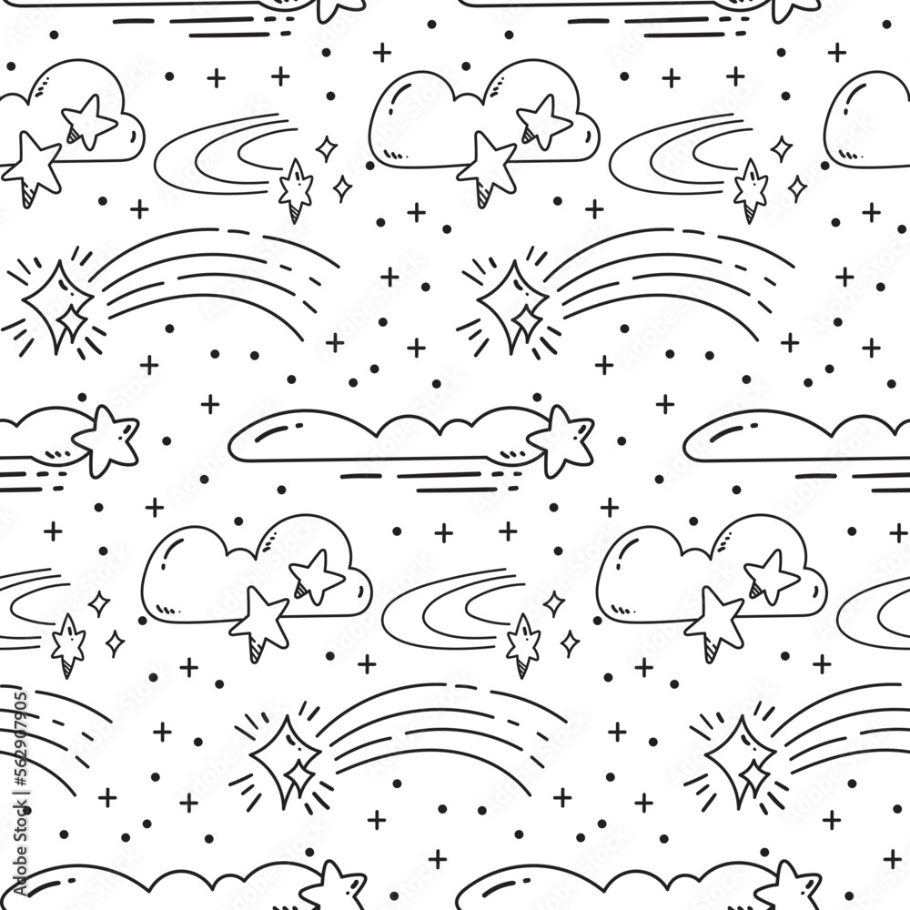 Cute Hand Drawn Shooting Star Doodle Seamless Background 