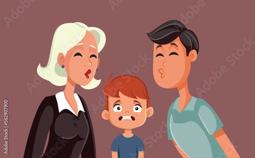 Little Boy Disgusted by his Parents Kissing Funny Vector Illustration. Child dealing with one parent dating again 