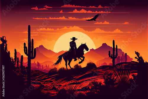 Silhouette of a cowboy and a horse at sunset