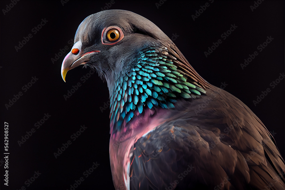Fototapeta premium Portrait of a pigeon on a black background. generative ai
