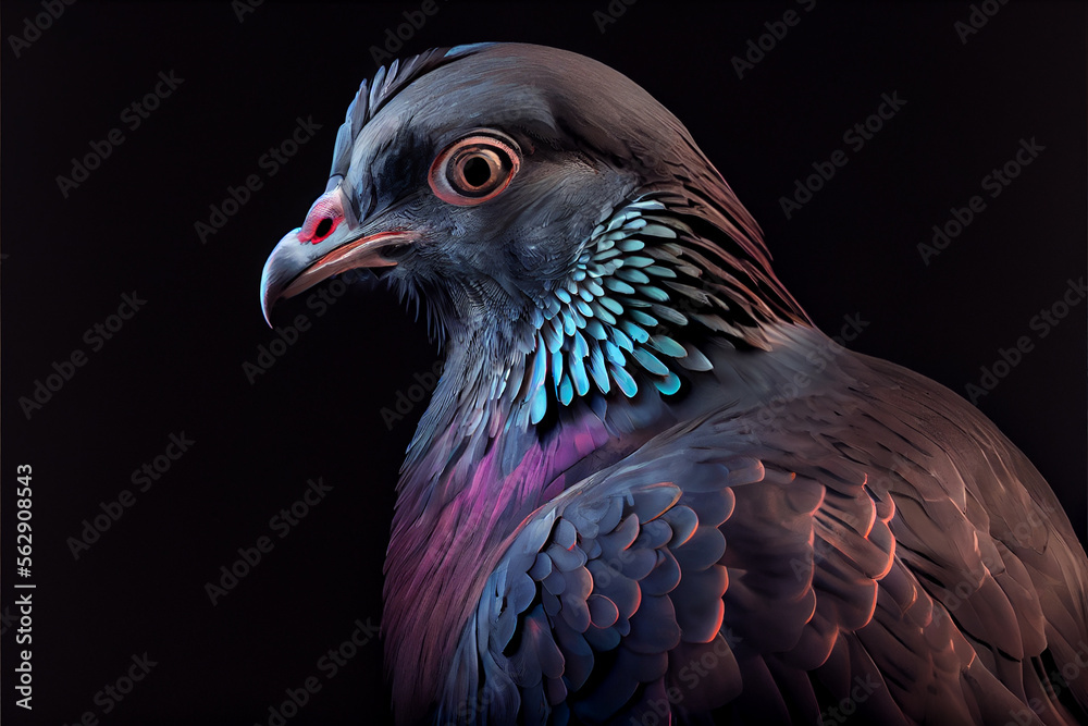 Portrait of a pigeon on a black background. generative ai