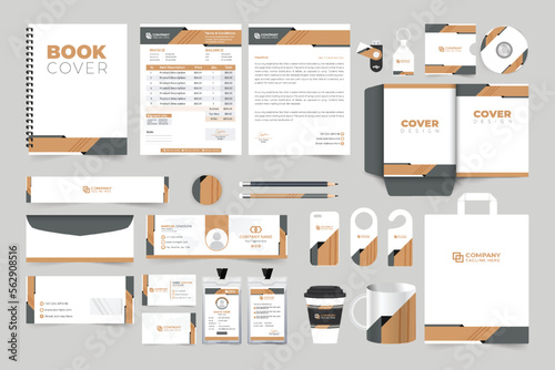 Corporate brand identity template collection with dark and coffee colors. Modern business promotional web banner and stationery set design. Company brand advertisement template bundle for marketing.
