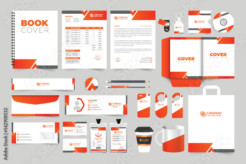 Creative book cover, invoice, letterhead, and envelope design for company brand promotion. Corporate brand identity stationery template vector with orange color. Business advertisement web banners.