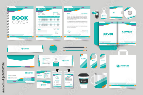 Creative company promotional print template design with modern shapes. Brand identity stationery template collection with blue and orange colors. Corporate identity invoice and envelope design vector.