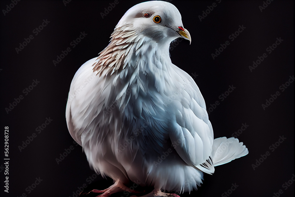 Obraz premium Portrait of a white pigeon on a black background. generative ai