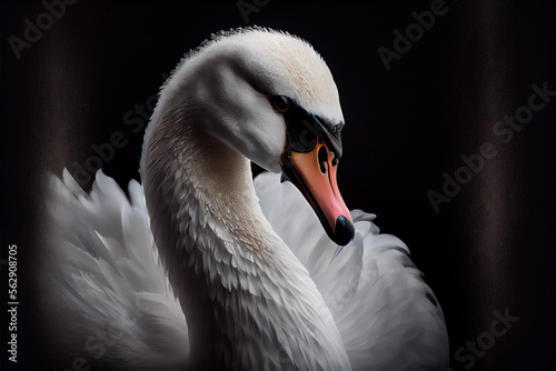 Canvas Print Portrait of a white swan on a black background. generative ai