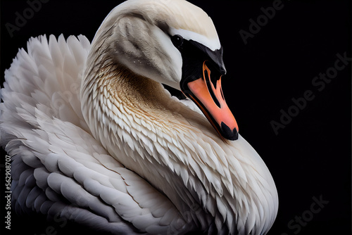 Obraz na plátně Portrait of a white swan on a black background. generative ai