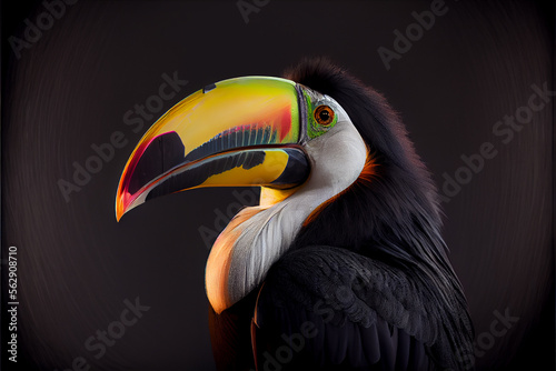 Portrait of a tucan on a black background. generative ai