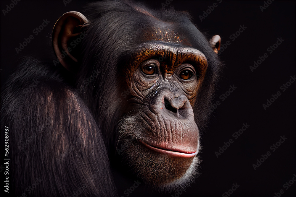Portrait of a bonobo monkey on a black background. generative ai