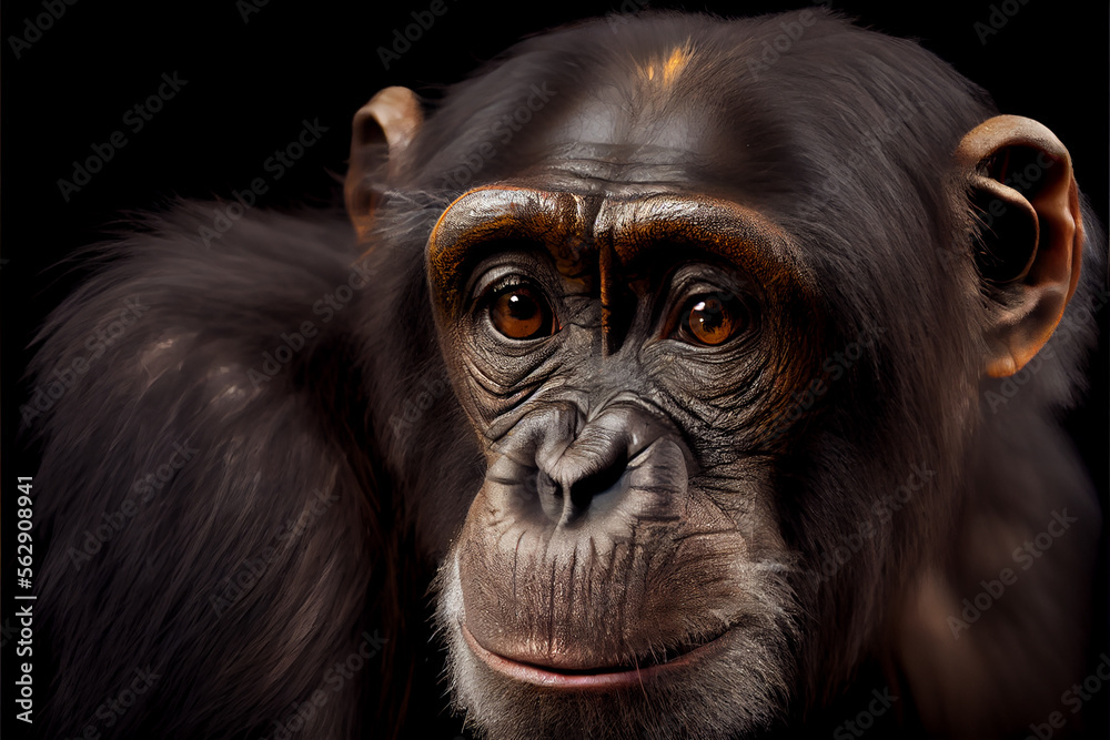 Portrait of a bonobo monkey on a black background. generative ai