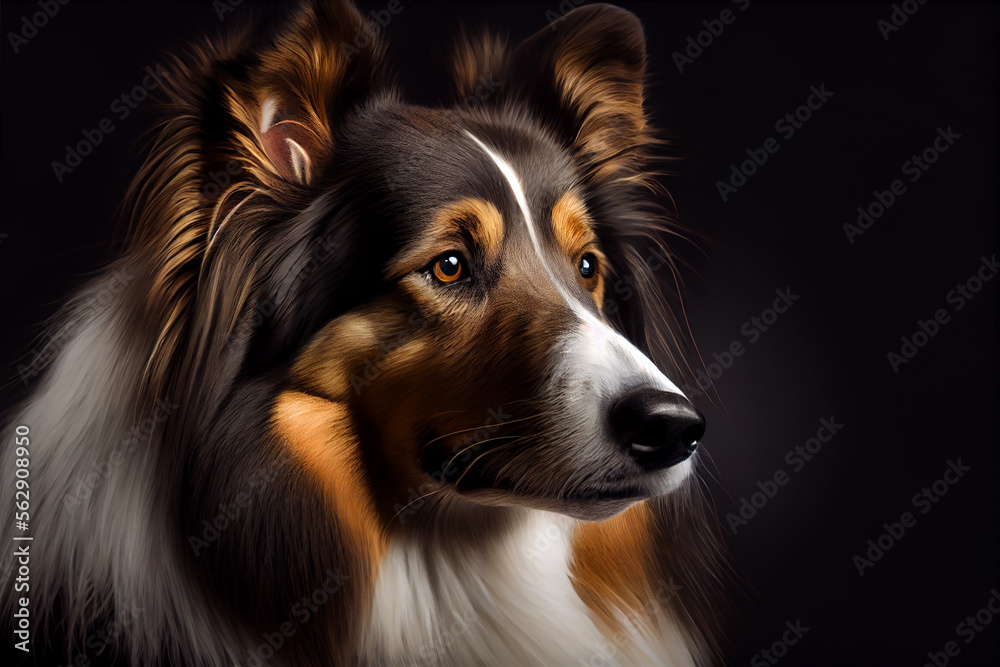 Portrait of a collie dog on a black background. generative ai