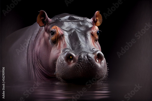 Portrait of a hippo on a black background. generative ai