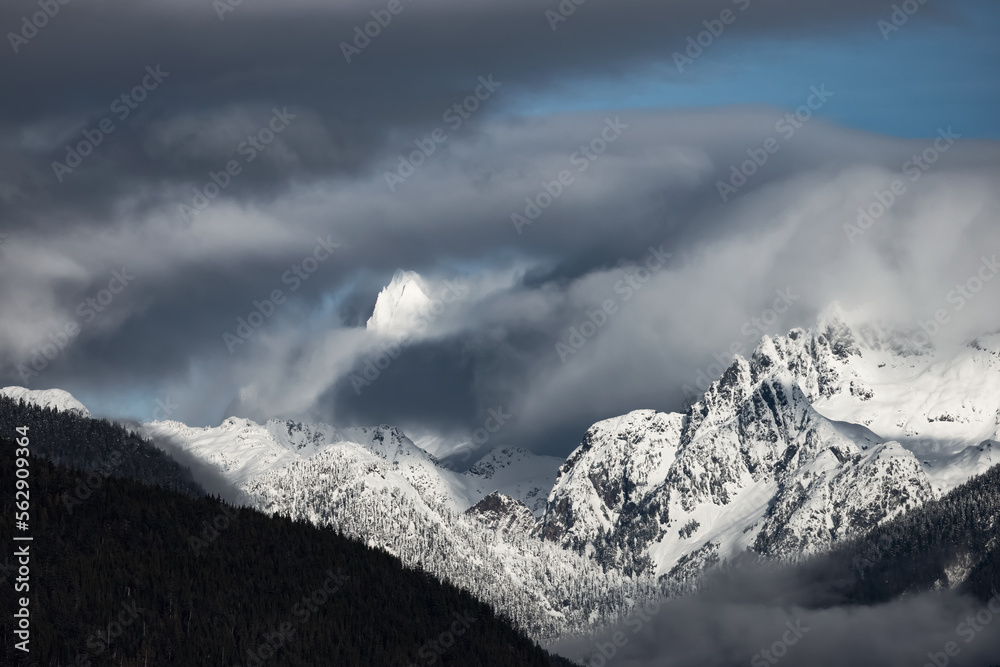 Canadian Mountain Landscape Nature Background. Sunny Winter Day. Howe Sound near Squamish, British Columbia, Canada. Artistic Render