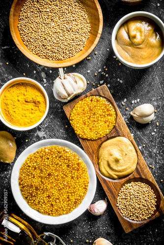 Different types of mustard with garlic.