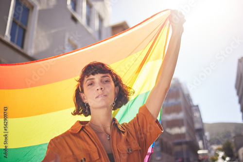 Obraz na plátne Portrait, pride and woman in city with flag for lgbtq community, ally or lesbian with support and equality in love outdoor