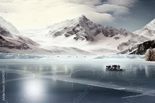 Winter day landscape with mountains. Generative AI. Beautiful background