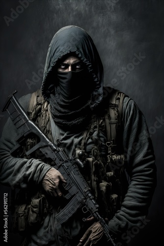 Terrorist holding a weapon in his hands. AI Generated photo