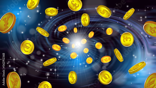 Vector abstract futuristic universe. 3d gold coins or tokens of different sizes and projections fly apart against the background of a spiral galaxy. Space and finance poster.