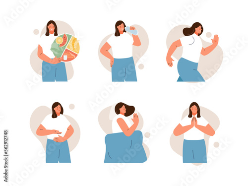 Fitness girl character leading a healthy lifestyle. Proper nutrition, sports, sleep, meditation and breathing. Useful habits