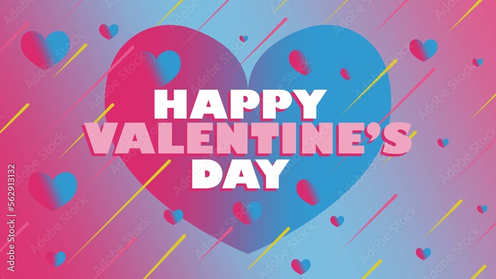 Vector banner design celebrating Valentine's day on the 14th of February. happy Valentine's day 2023 background with geometric shapes, heart shapes and pink and red color pallet.