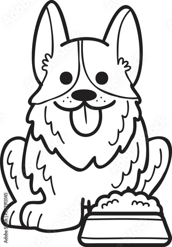 Hand Drawn Corgi Dog with food illustration in doodle style