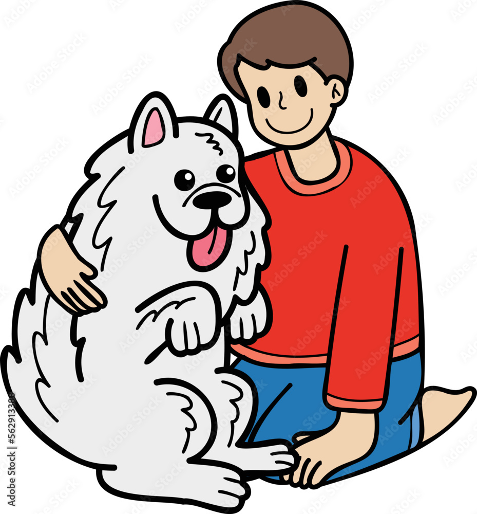 Obraz premium Hand Drawn owner hugs Samoyed Dog illustration in doodle style