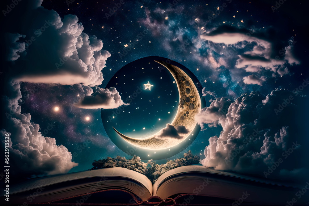 Fairy tale book against the background of the night sky with the moon Generative AI - obrazy, fototapety, plakaty 