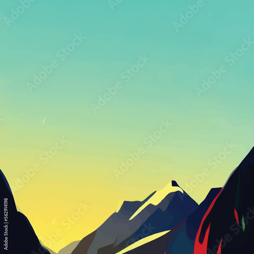 Abstract mountain landscape with orange-blue sky and clouds, vector art illustration - Colorful Flat Art