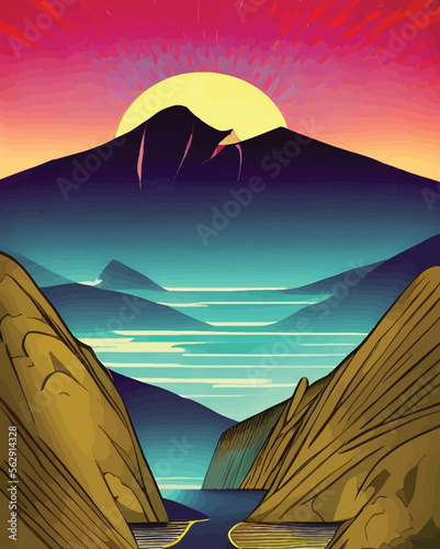 Bold Mountain landscape with a river and a sunset. Vector illustration. - Art Deco Illustration