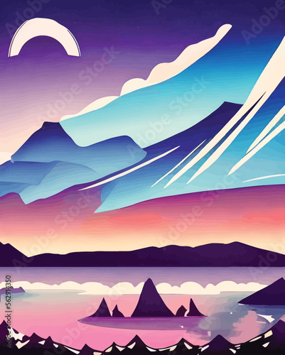 Mountains and lake at sunset, rolling clouds. Vector illustration. - Art Deco Illustration