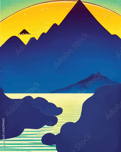 Mountain landscape with lake, clouds, and yellow sky. Vector illustration. - Art Deco Illustration