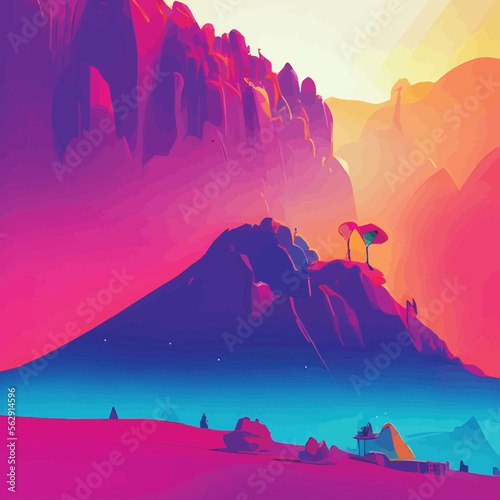 Fantasy landscape with mountains, sun, and clouds. Vector illustration. - Colorful Stylistic Art
