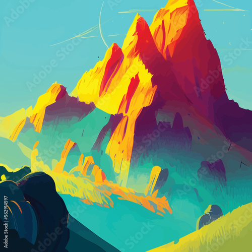 Golden mountain landscape. Vector illustration. Colorful mountains in the background. - Colorful Stylistic Art
