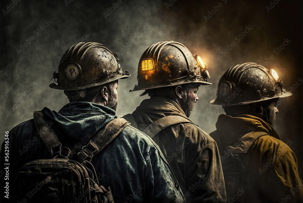 Group of mine workers wearing hardhats and helmets standing in a mine, generative ai Group of mine workers wearing hardhats and helmets standing in a mine, generative ai