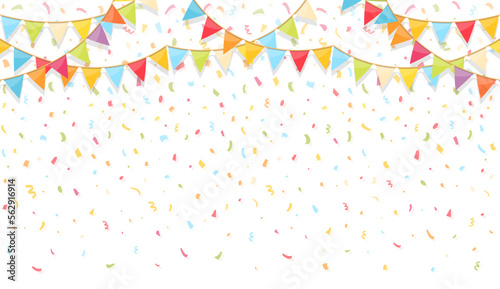 Background with colorful bunting flags and confetti
