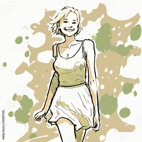 An illustration of a cheerful blonde woman in a skirt, exhibiting a bright smile. Perfect for conveying joy and positivity in content. photo