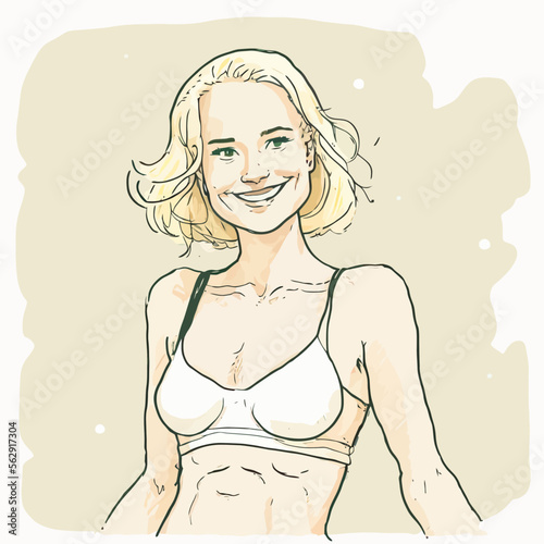 Vector illustration of a pretty young blonde girl, young adult, isolated. She is full of joy of living, dressed in skirt, with a jovial smile.
