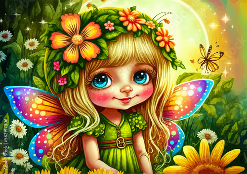 Enchanting fairy amongst lush foliage, blooms, and delicate butterflies. Perfect for evoking an atmosphere of elegance and magic.