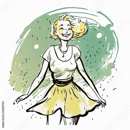 Joyful blonde adult in skirt stands out in this cheerful, isolated vector illustration. Perfect for conveying any positive message.