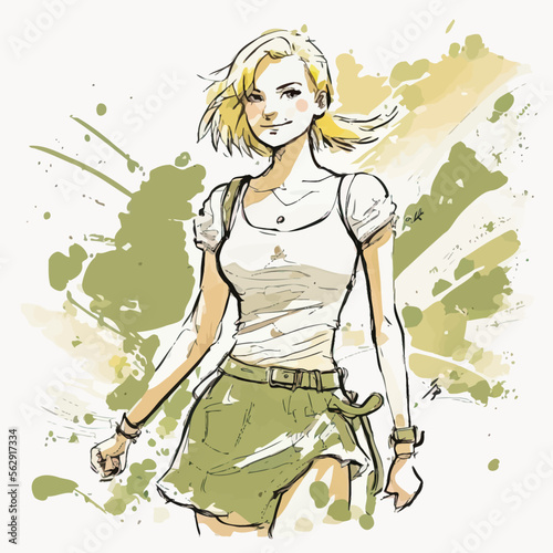 A charming blonde woman with a beaming smile showcases her zest for life. She wears an intricate skirt and is in an isolated pose, ready for use in all types of graphic designs.