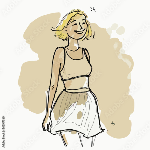 A cheerful, beautiful blonde girl isolated in a vector illustration. She's wearing a skirt and has a happy smile. Perfect for conveying a sense of joy and delight.
