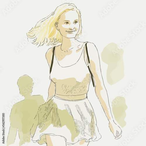 Energetic blonde woman, clad in a skirt and smiling joyfully. Ideal for capturing the sense of adventure and life.