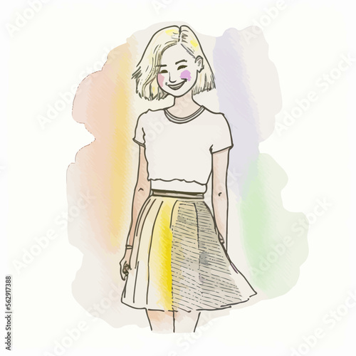 Cheerful blonde woman, full of life, wearing a skirt, beaming with joy. Perfect for design and emotional messaging needs.