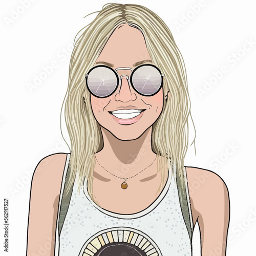 Blonde, beautiful and vibrant, this hippie woman exudes coolness and freedom in a stylish vector illustration. Perfect for any creative project.