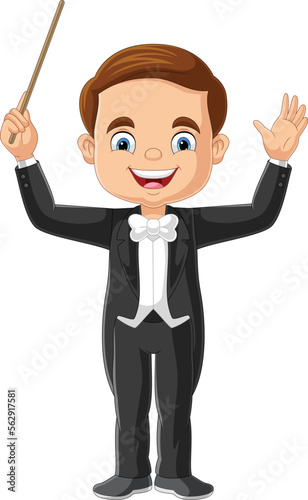 Cartoon boy orchestra conductor with pointer stick